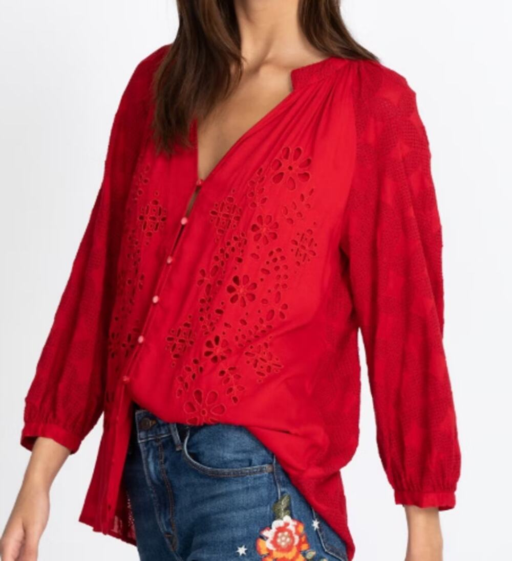Johnny Was Jade Valerie Peasant Blouse Small Embroidered Boho Red Eyelet Tunic